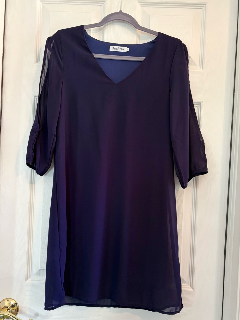 NEW JUSFITU CHIFFON LINED A-LINE MINI DRESS NAVY SMALL SHEER SLIT SLEEVES VNECK